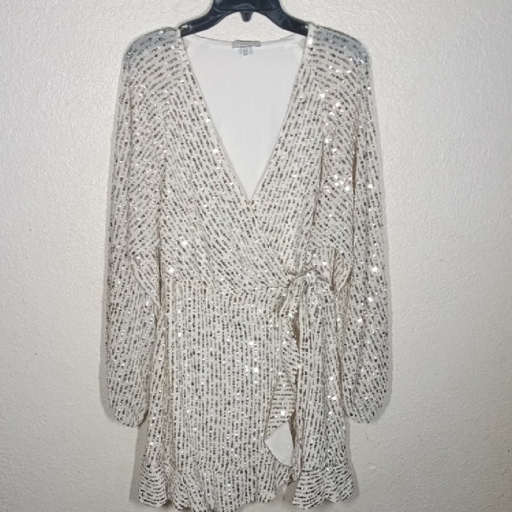 Topshop Sequin Wrap Mini Dress in Silver and White